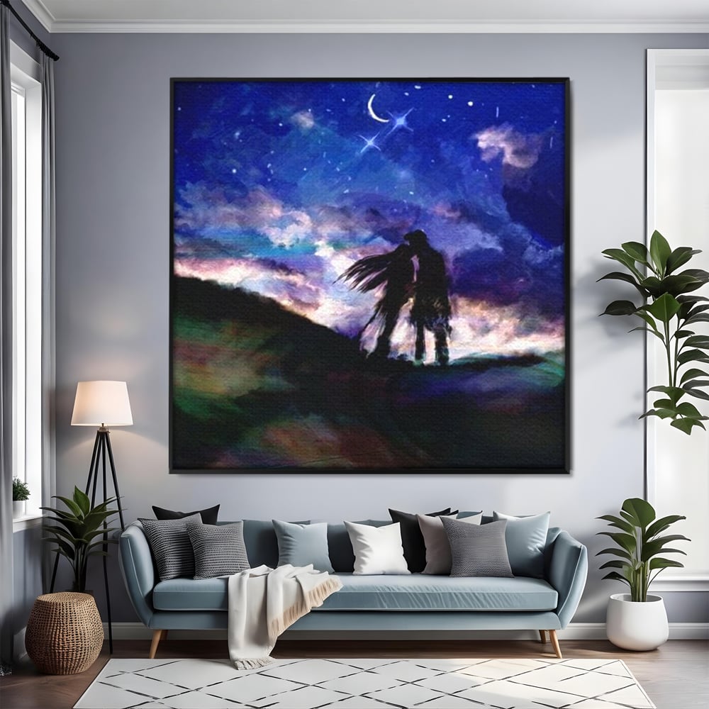 Tablou canvas cu tablou canvas cu cuplu sarutandu-se sub cerul instelat, in rama de aluminiu negru, pe perete intr-un living